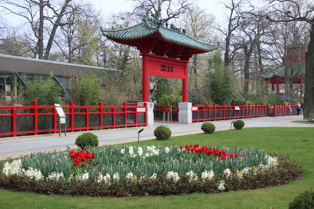 Ein rotes Tor mit grünem Dach in asiatischem Stil: Das ist der Eingang zum Pandagarten im Berliner Zoo
